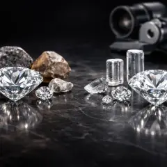 Błyszczące diamenty laboratoryjne i surowe kamienie na ciemnym, błyszczącym tle. W tle widać mikroskop.