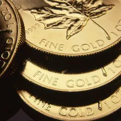 Stosik błyszczących monet ze złota inwestycyjnego z liściem klonu. Napisy "FINE GOLD" i "1 OZ" są wyraźnie widoczne.