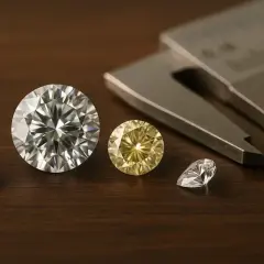 Cztery brylanty, w tym jeden 3-karatowy diament, obok suwmiarki na drewnianym blacie.