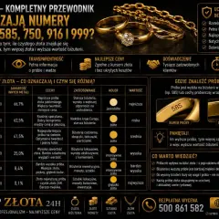 Tabela porównująca próby złota: 333, 375, 585, 750, 916, 999. Wyjaśnia zawartość czystego złota, metali, cechy, zastosowanie, kolor i wartość. Informuje o tym, że wyższa próba oznacza więcej czystego złota i wyższą wartość biżuterii.