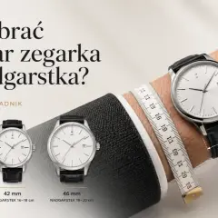 Trzy zegarki o różnych średnicach kopert (38 mm, 42 mm, 46 mm) pokazują, jak dobrać rozmiar zegarka do nadgarstka. Miarka krawiecka mierzy obwód.