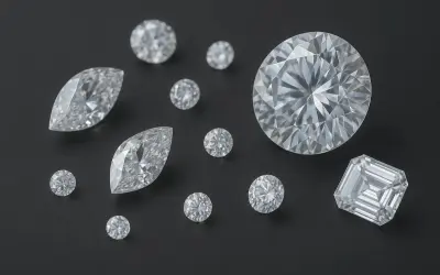 Różne szlify diamentów na czarnym tle. Zastanawiasz się, ile kosztuje karat diamentu? Cena zależy od wielu czynników.
