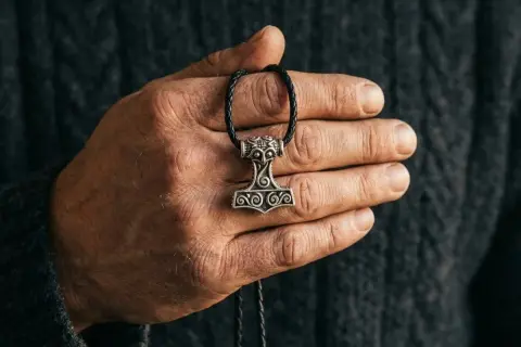 Dłoń trzyma wisiorek z młotem Thora, symbolem siły i ochrony. To jego znaczenie jest wciąż żywe.