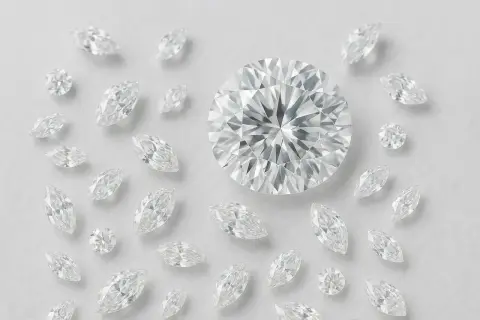 Wokół dużego, okrągłego diamentu rozłożono mniejsze kamienie w kształcie łzy. Czy diament to węgiel? Ta kolekcja błyszczących klejnotów sugeruje, że tak, ale w niezwykle cennej formie.