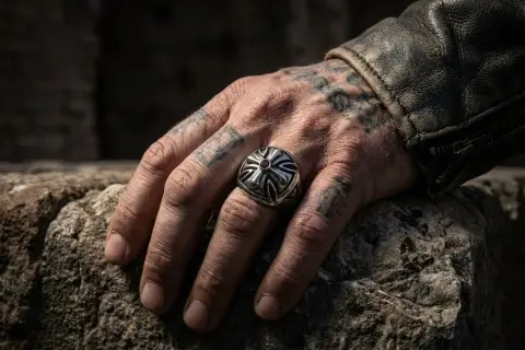 Męska dłoń z tatuażami i masywnym pierścionkiem z czerwonym kamieniem. Czy to amulet, czy może przesądy o pierścionkach mają znaczenie?