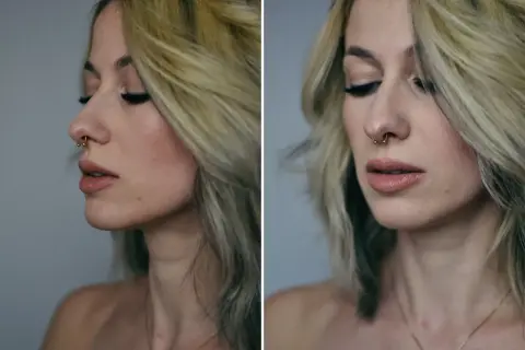 Kobieta z blond włosami i złotym septum w nosie, z makijażem oczu i ust.