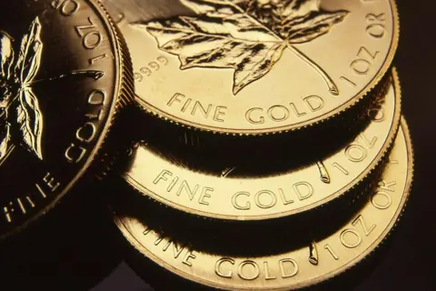 Stosik błyszczących monet ze złota inwestycyjnego z liściem klonu. Napisy "FINE GOLD" i "1 OZ" są wyraźnie widoczne.
