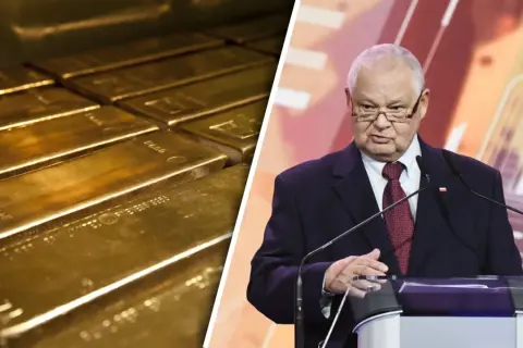 Sztabki złota i mężczyzna w garniturze przy mównicy. Dowiedz się, jak kupić złoto w NBP.