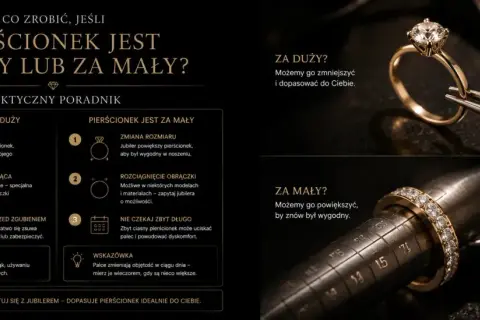 Złoty pierścionek z brylantami na stożku jubilerskim, pokazujący rozmiar 13. Poradnik, jak dopasować pierścionek, gdy jest za duży lub za mały.