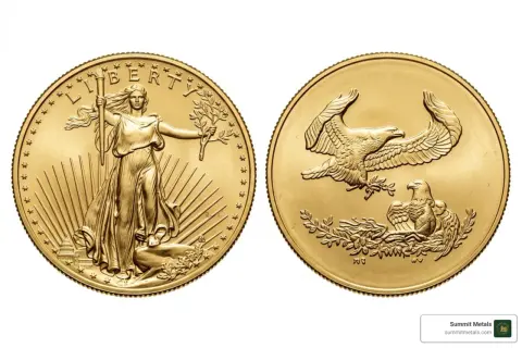 Złota moneta z wizerunkiem Lady Liberty i orła. Ten amerykański orzeł 1 uncja złota to symbol wolności.