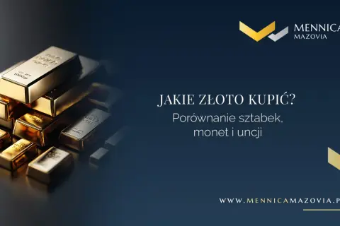 Stos sztabek złota, błyszczących jak złoty bizon. Porównanie sztabek, monet i uncji. Mennica Mazovia.