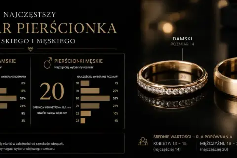 Najczęstszy rozmiar pierścionka damskiego to 14, a męskiego 20. Wykresy pokazują popularność rozmiarów.
