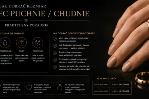 Złoty pierścionek z brylantami, rozmiar 16, na dłoni. Obok leży gładka obrączka. Poradnik o doborze rozmiaru pierścionka.