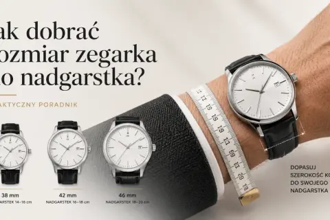 Trzy zegarki o różnych średnicach kopert (38 mm, 42 mm, 46 mm) pokazują, jak dobrać rozmiar zegarka do nadgarstka. Miarka krawiecka mierzy obwód.