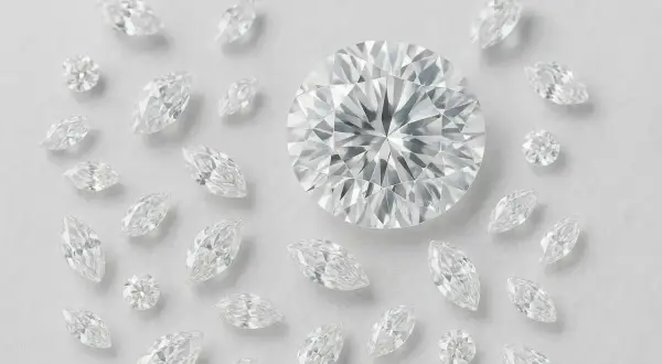 Wokół dużego, okrągłego diamentu rozłożono mniejsze kamienie w kształcie łzy. Czy diament to węgiel? Ta kolekcja błyszczących klejnotów sugeruje, że tak, ale w niezwykle cennej formie.