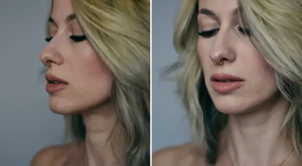 Kobieta z blond włosami i złotym septum w nosie, z makijażem oczu i ust.