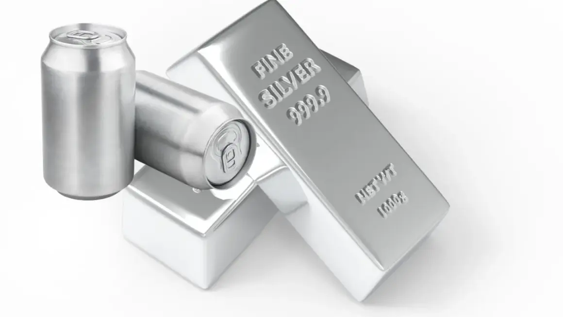 Próba 825. Dwie aluminiowe puszki obok sztabek czystego srebra.