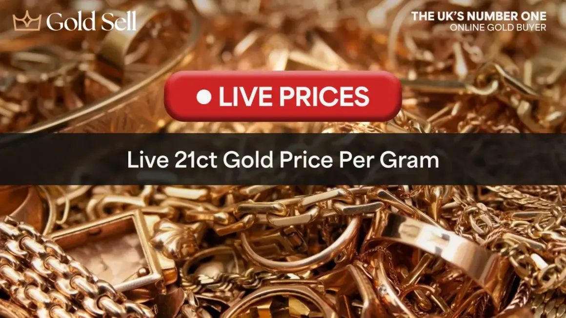 Stos złotej biżuterii, pierścionków i łańcuszków z napisem "Live Prices" i "Live 21ct Gold Price Per Gram".