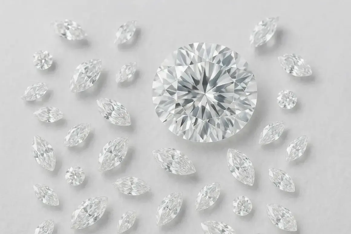 Wokół dużego, okrągłego diamentu rozłożono mniejsze kamienie w kształcie łzy. Czy diament to węgiel? Ta kolekcja błyszczących klejnotów sugeruje, że tak, ale w niezwykle cennej formie.