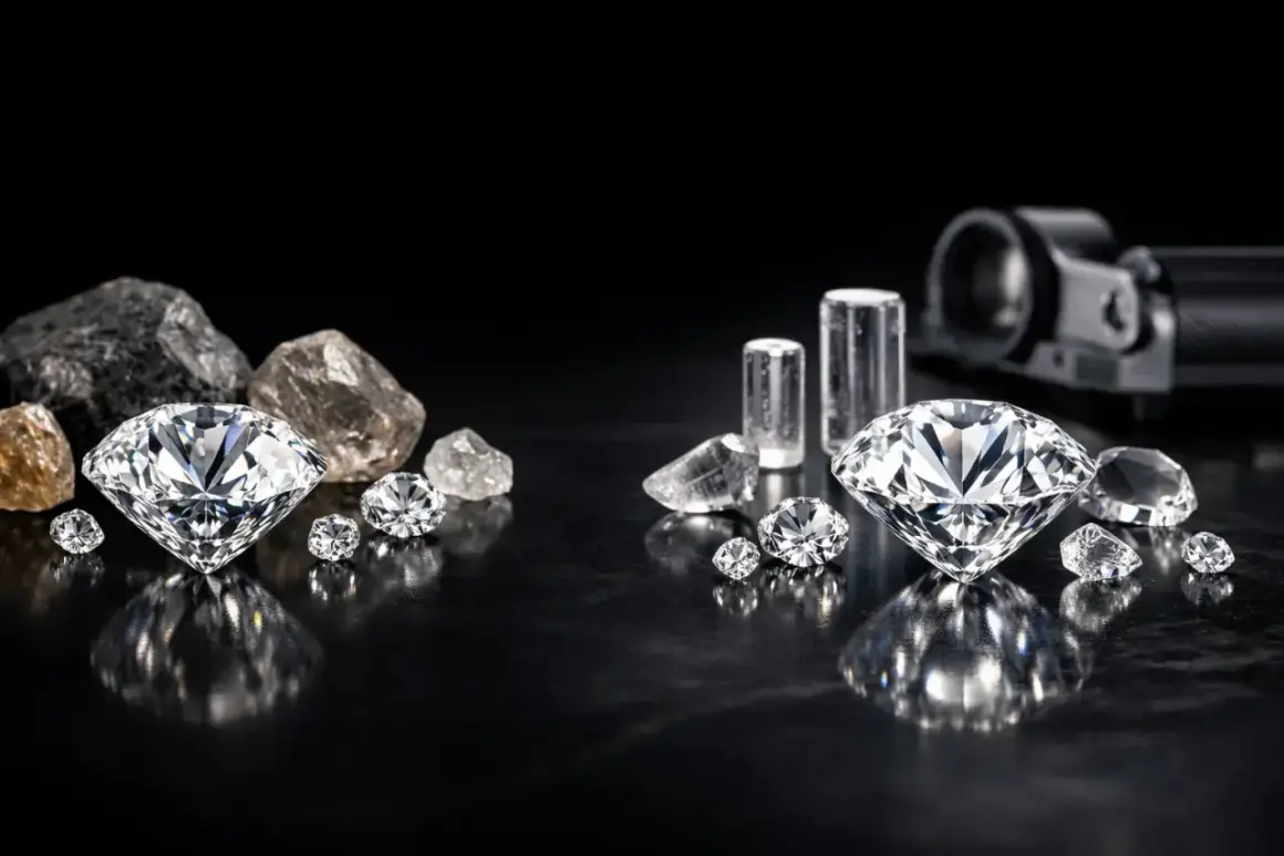 Porównanie: surowe kamienie, błyszczące diamenty laboratoryjne i naturalne, cylindryczne próbki.