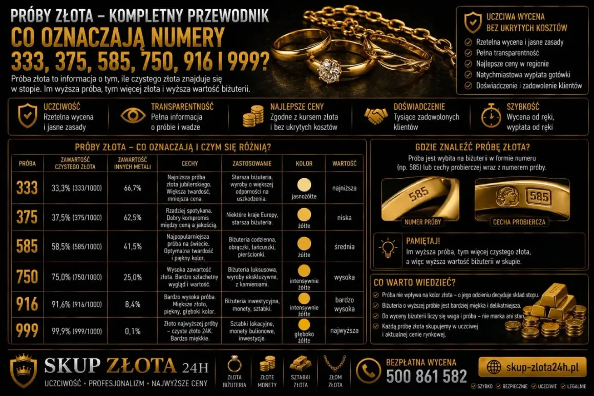 Tabela porównująca próby złota: 333, 375, 585, 750, 916, 999. Wyjaśnia zawartość czystego złota, metali, cechy, zastosowanie, kolor i wartość. Informuje o tym, że wyższa próba oznacza więcej czystego złota i wyższą wartość biżuterii.
