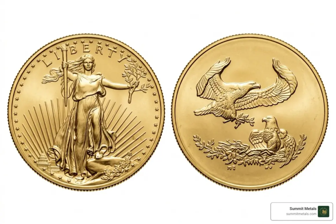 Złota moneta z wizerunkiem Lady Liberty i orła. Ten amerykański orzeł 1 uncja złota to symbol wolności.