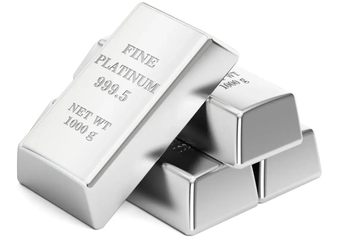 Sztabki platyny o pięknym, lustrzanym połysku. Ich platyna kolor jest idealnie gładki, a grawer "FINE PLATINUM 999.5" świadczy o ich wysokiej czystości.