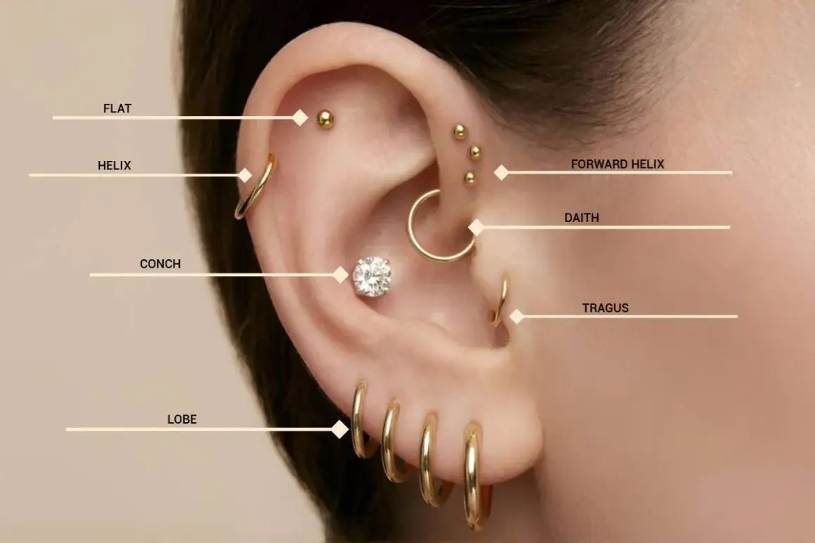 Ucho z wieloma złotymi kolczykami: flat, helix, conch, lobe, forward helix, daith i tragus. Widać też piercing upper lobe.