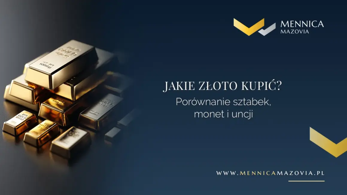 Stos sztabek złota, błyszczących jak złoty bizon. Porównanie sztabek, monet i uncji. Mennica Mazovia.