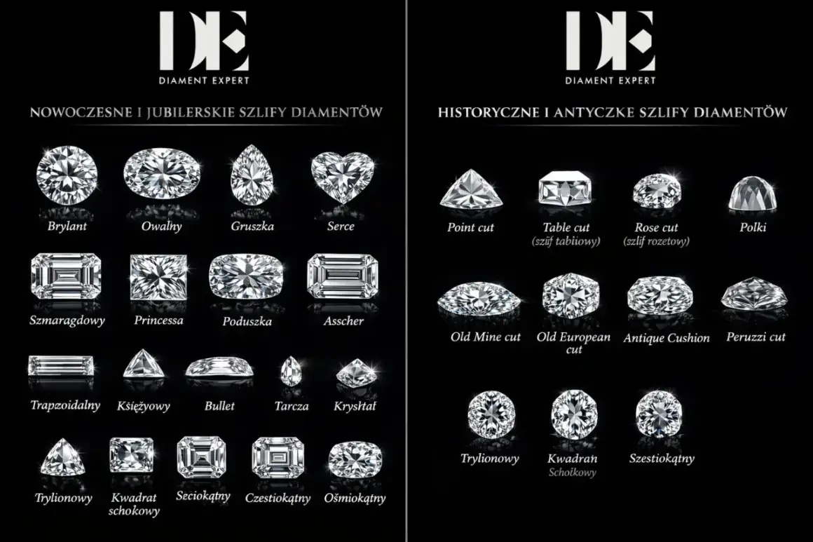 Różne szlify diamentów: brylant, owalny, gruszka, serce, szmaragdowy, princessa, poduszka, asscher, point cut, table cut, rose cut, polki, old mine cut, old european cut, antique cushion, peruzzi cut, trapezoidalny, księżycowy, bullet, tarcza, kryształ...