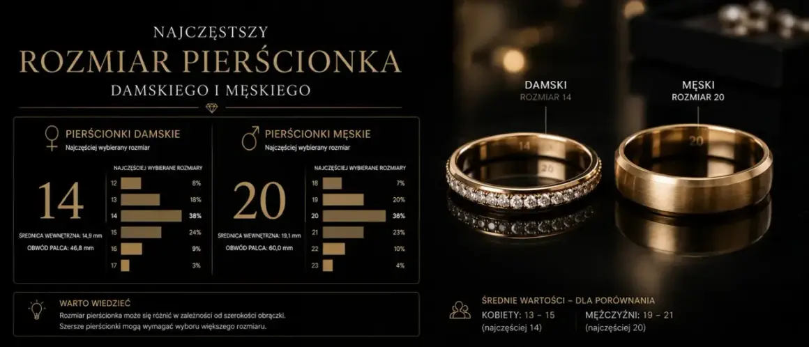 Najczęstszy rozmiar pierścionka damskiego to 14, a męskiego 20. Wykresy pokazują popularność rozmiarów.