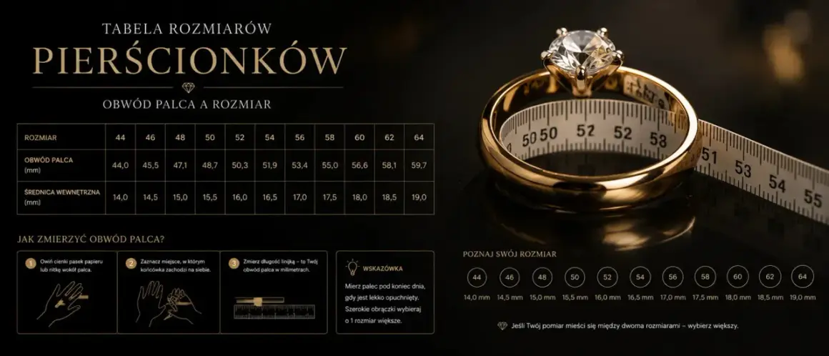 Tabela rozmiarów pierścionków. Rozmiar 52 odpowiada obwodowi palca 50,3 mm i średnicy 16,0 mm.