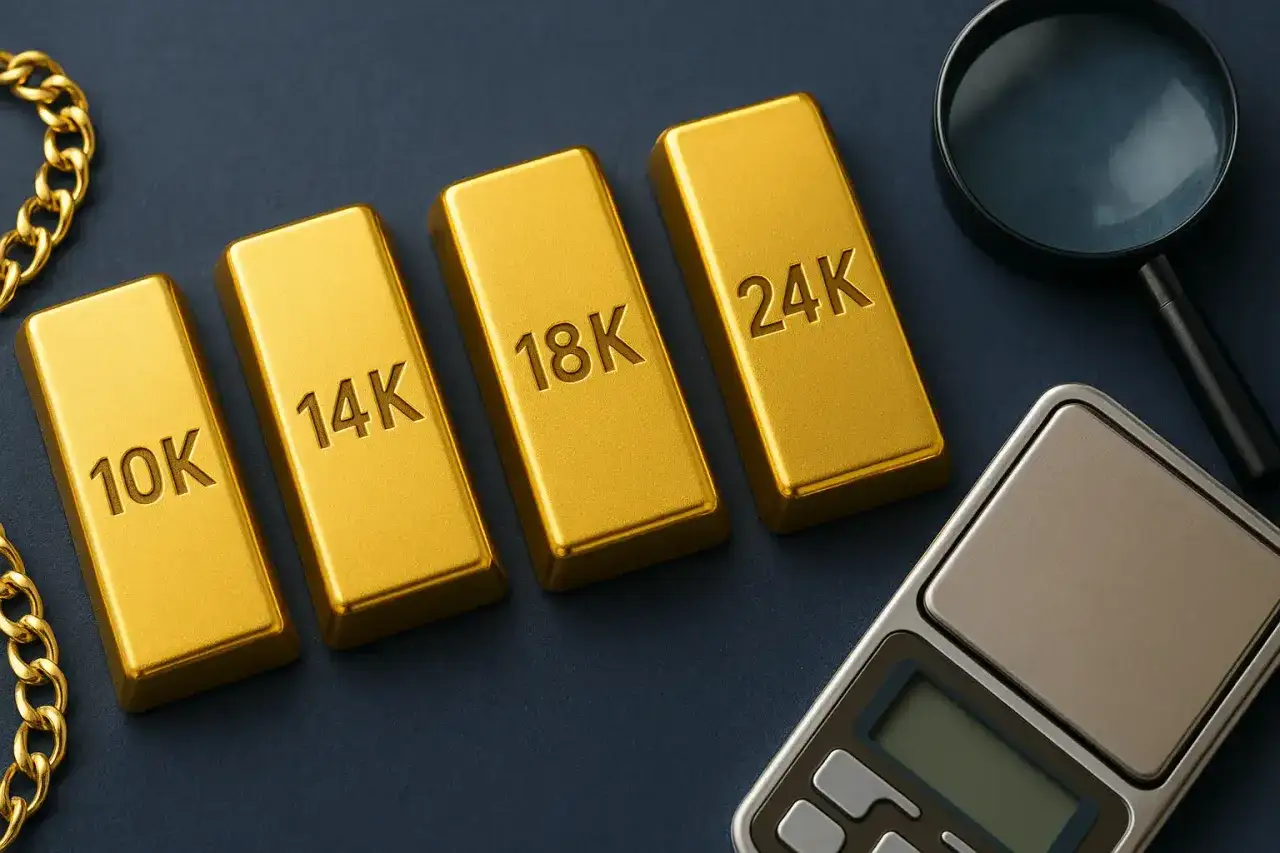 Sztabki złota oznaczane jako 10K, 14K, 18K i 24K. Czyste złoto ma 24 karaty. Obok waga i lupa.