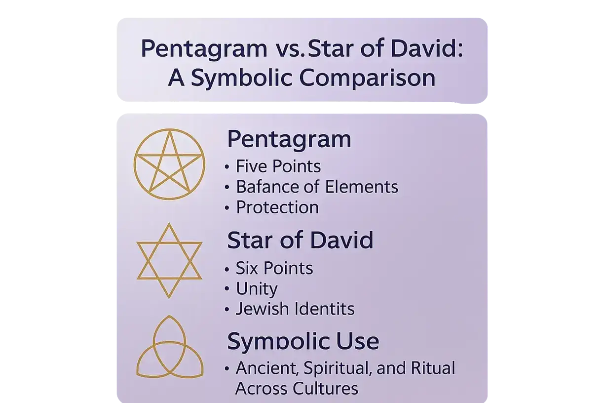 Porównanie symboli: pentagram (5 ramion, równowaga, ochrona) i gwiazda Dawida (6 ramion, jedność, tożsamość żydowska).