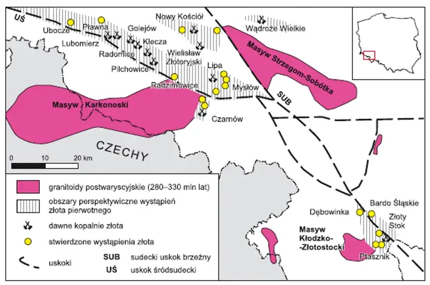 mapa złóż złota w Polsce historyczne wydobycie złota Dolny Śląsk
