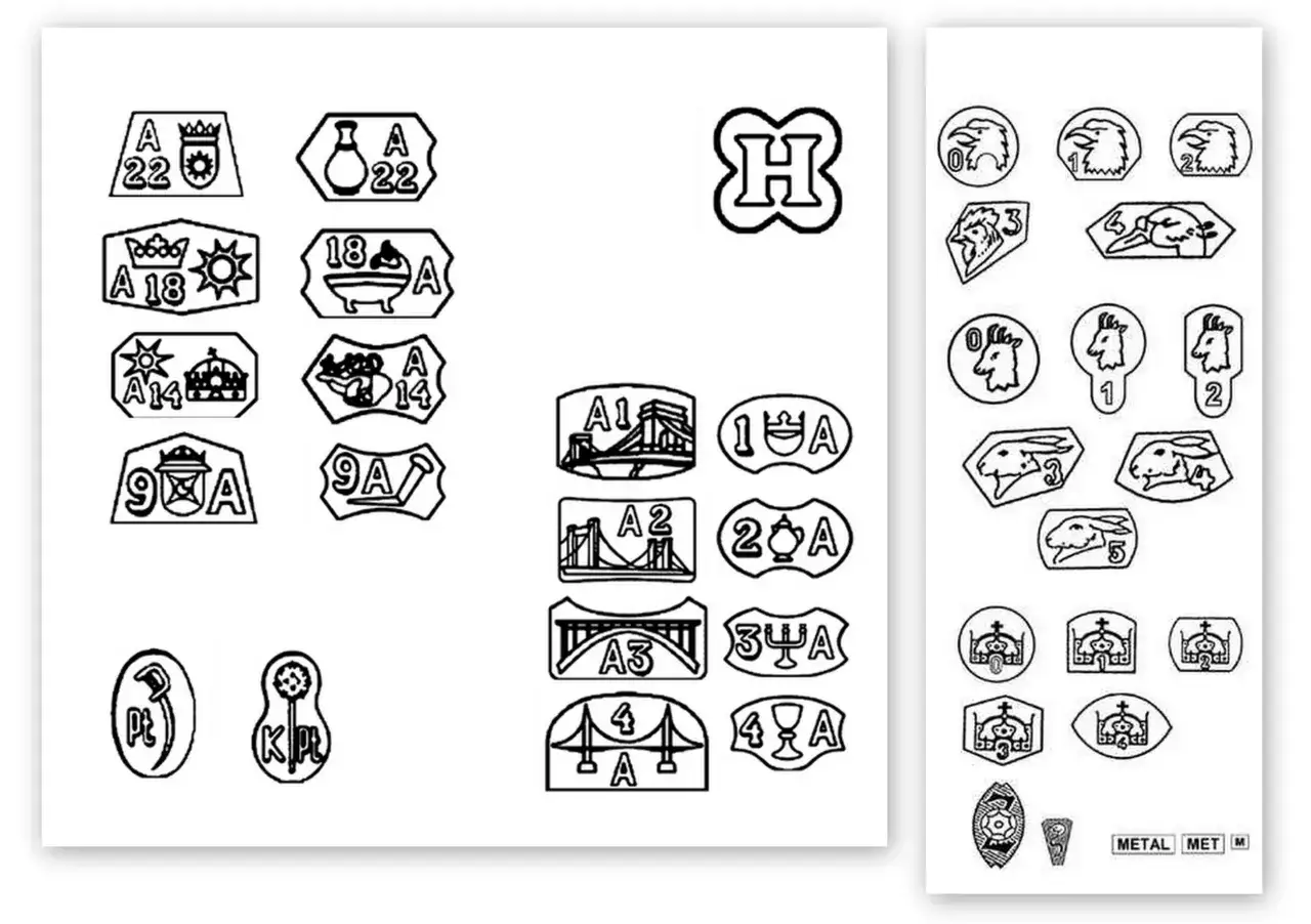 Kolekcja znaków probierczych, w tym zagraniczne próby złota, przedstawiająca korony, zwierzęta i mosty.