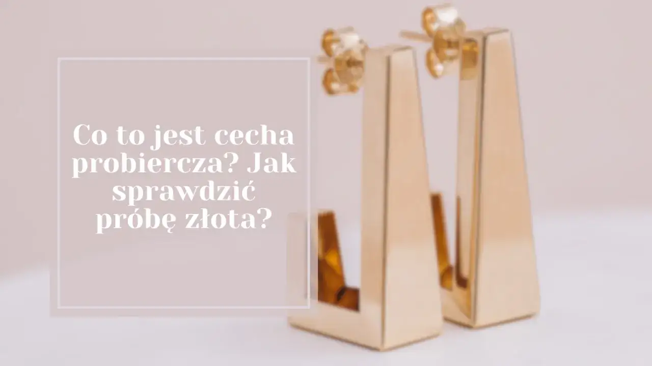 Złote kolczyki na jasnym tle. Tekst: