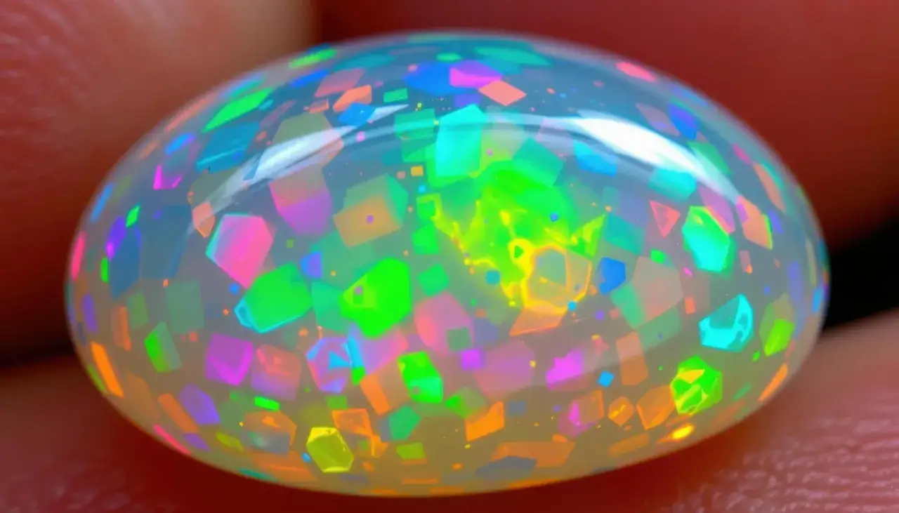 Błyszczący opal mieni się feerią barw: zieleni, różu, pomarańczy i błękitu. Wygląda jak miniaturowy kosmos zamknięty w kamieniu.