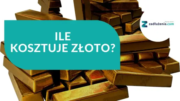 Stos sztabek złota, na tle których widnieje pytanie "Ile kosztuje złoto?".