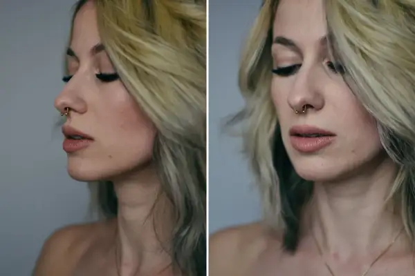 Kobieta z blond włosami i złotym septum w nosie, z makijażem oczu i ust.