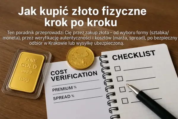 Jak kupić złoto fizyczne: poradnik krok po kroku. Na zdjęciu sztabka złota, moneta, notatnik z checklistą i długopisem, dokument "Cost Verification".