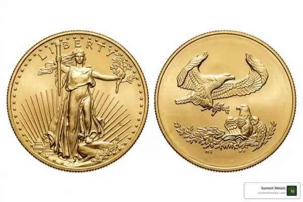 Złota moneta z wizerunkiem Lady Liberty i orła. Ten amerykański orzeł 1 uncja złota to symbol wolności.