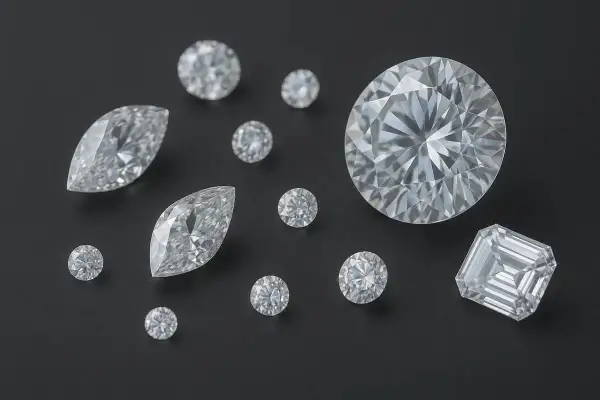 Różne szlify diamentów na czarnym tle. Zastanawiasz się, ile kosztuje karat diamentu? Cena zależy od wielu czynników.